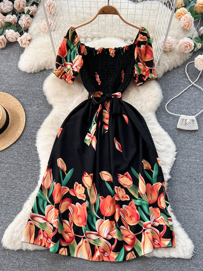 Divat, nyári, édes nyomtatott hosszú ruha, női, négyszögletes nyakú, vonalas, elasztikus napruha, 2023-as női, virágos, virágos strandruha