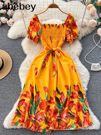Divat, nyári, édes nyomtatott hosszú ruha, női, négyszögletes nyakú, vonalas, elasztikus napruha, 2023-as női, virágos, virágos strandruha