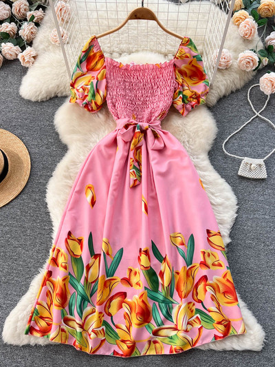 Divat, nyári, édes nyomtatott hosszú ruha, női, négyszögletes nyakú, vonalas, elasztikus napruha, 2023-as női, virágos, virágos strandruha