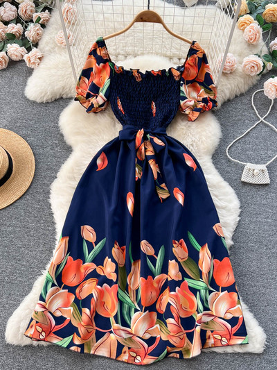 Divat, nyári, édes nyomtatott hosszú ruha, női, négyszögletes nyakú, vonalas, elasztikus napruha, 2023-as női, virágos, virágos strandruha