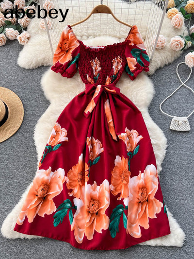 Divat, nyári, édes nyomtatott hosszú ruha, női, négyszögletes nyakú, vonalas, elasztikus napruha, 2023-as női, virágos, virágos strandruha