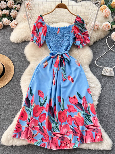 Divat, nyári, édes nyomtatott hosszú ruha, női, négyszögletes nyakú, vonalas, elasztikus napruha, 2023-as női, virágos, virágos strandruha