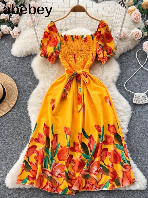 Divat, nyári, édes nyomtatott hosszú ruha, női, négyszögletes nyakú, vonalas, elasztikus napruha, 2023-as női, virágos, virágos strandruha