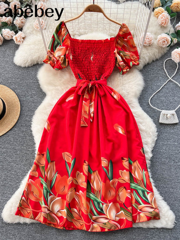 Divat, nyári, édes nyomtatott hosszú ruha, női, négyszögletes nyakú, vonalas, elasztikus napruha, 2023-as női, virágos, virágos strandruha