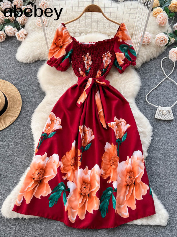 Divat, nyári, édes nyomtatott hosszú ruha, női, négyszögletes nyakú, vonalas, elasztikus napruha, 2023-as női, virágos, virágos strandruha