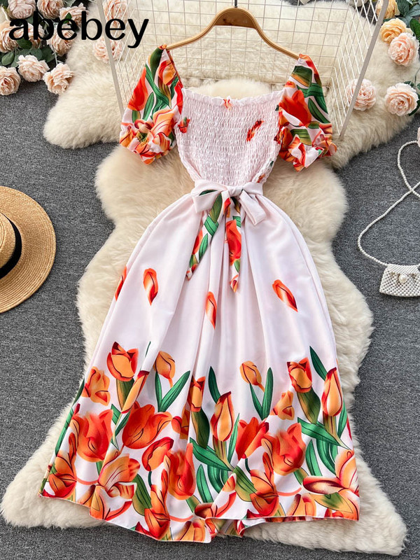 Divat, nyári, édes nyomtatott hosszú ruha, női, négyszögletes nyakú, vonalas, elasztikus napruha, 2023-as női, virágos, virágos strandruha