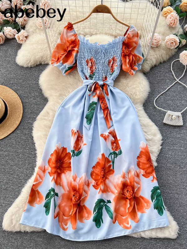 Divat, nyári, édes nyomtatott hosszú ruha, női, négyszögletes nyakú, vonalas, elasztikus napruha, 2023-as női, virágos, virágos strandruha