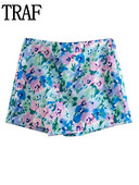 TRAF 2023 Print Virágos szoknya rövidnadrág magas derekú szatén szoknya nadrág nyári skort nőknek Cottagecore aszimmetrikus mini szoknya