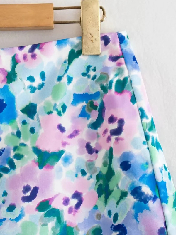 TRAF 2023 Print Virágos szoknya rövidnadrág magas derekú szatén szoknya nadrág nyári skort nőknek Cottagecore aszimmetrikus mini szoknya