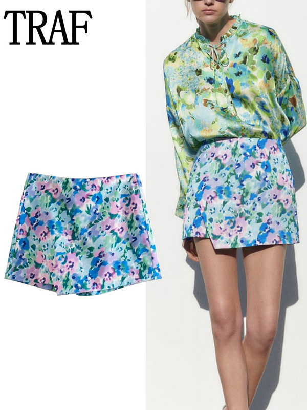 TRAF 2023 Print Virágos szoknya rövidnadrág magas derekú szatén szoknya nadrág nyári skort nőknek Cottagecore aszimmetrikus mini szoknya