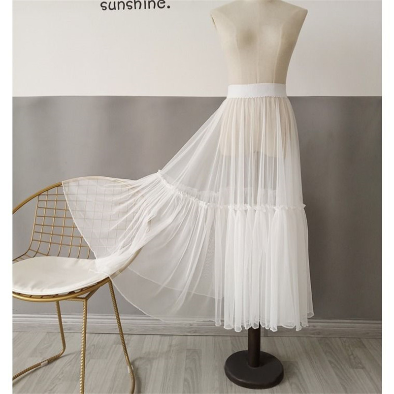 2020-as női szexi hálós átlátszó hosszú tüll szoknya koreai divatos nyári női rugalmas magas derékú fekete fehér tengerparti midi szoknya