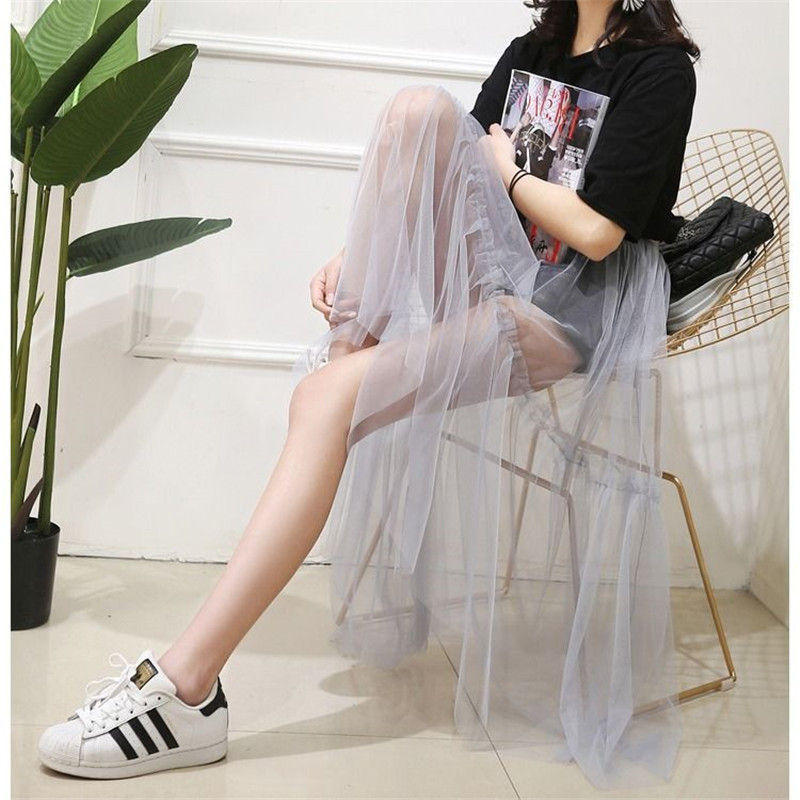 2020-as női szexi hálós átlátszó hosszú tüll szoknya koreai divatos nyári női rugalmas magas derékú fekete fehér tengerparti midi szoknya