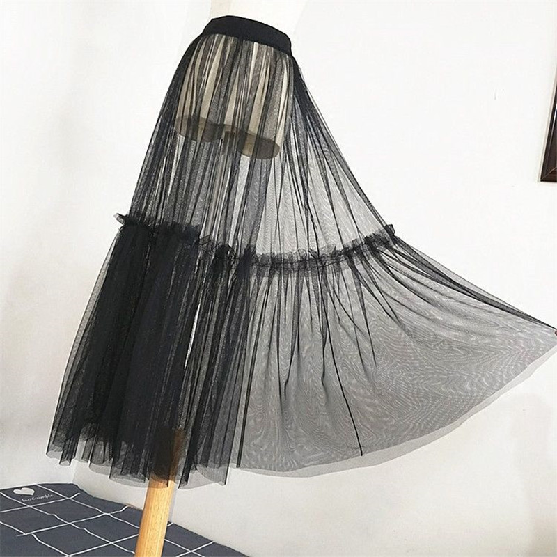 2020-as női szexi hálós átlátszó hosszú tüll szoknya koreai divatos nyári női rugalmas magas derékú fekete fehér tengerparti midi szoknya
