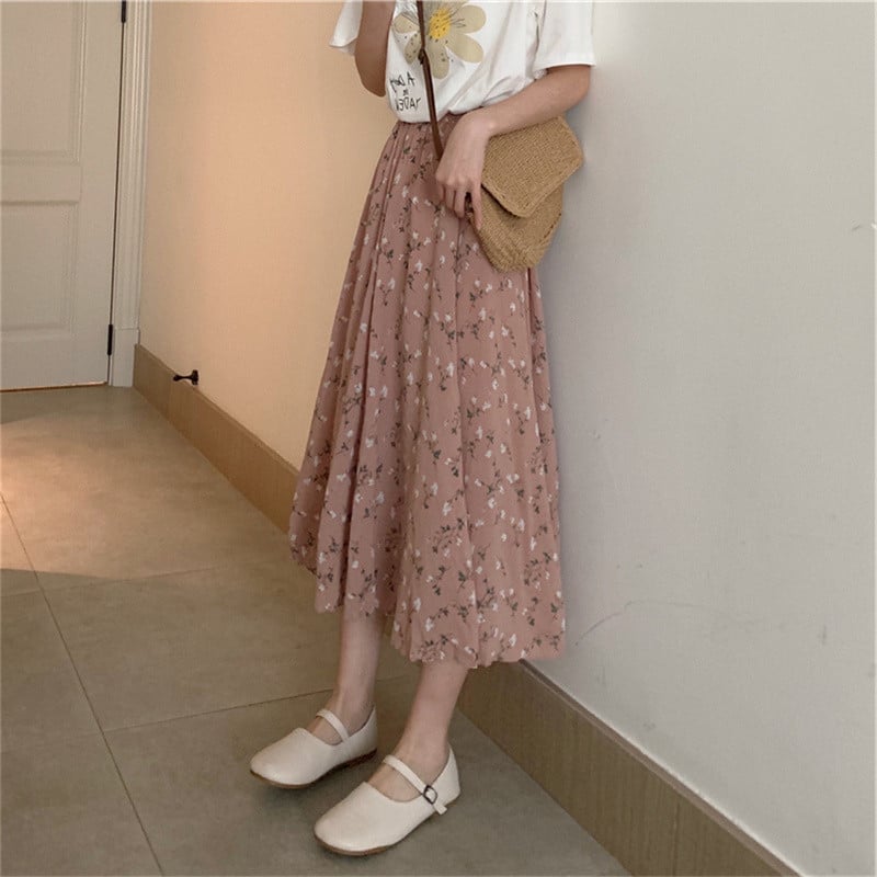Fuste Femei Vară Floral Cozy Fete Timp liber Chic Talie înaltă Simplu Birou Damă Zilnic Vacanță Femei A-line Midi Versiune coreeană