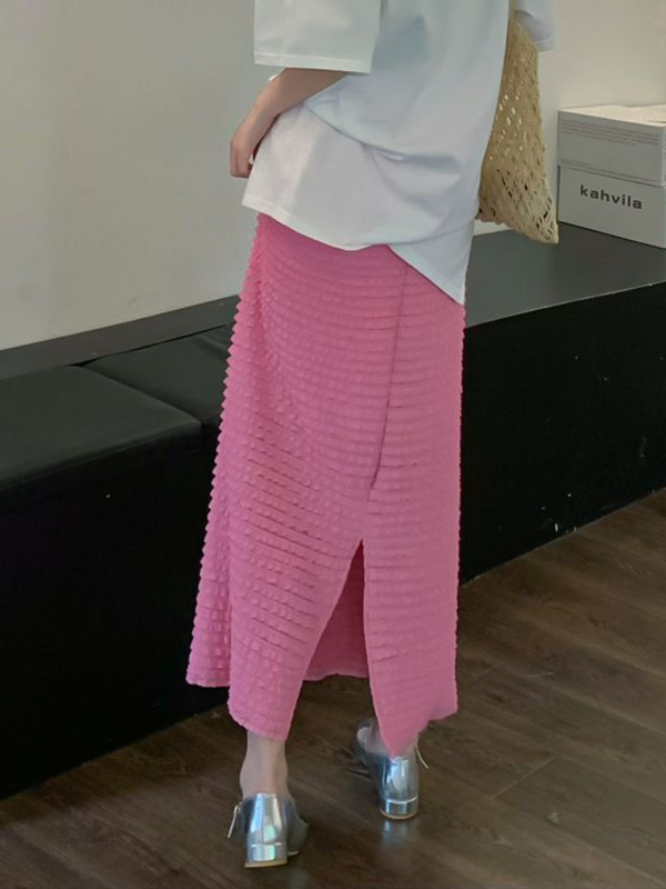 Rózsaszín szoknyák Női Összecsukható Elegáns Irodai Lady Elegáns Puha Rugós Magas Derekú Teljesen illő hasított divat Koreai Stílus Esztétikus