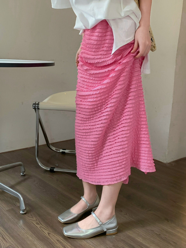 Rózsaszín szoknyák Női Összecsukható Elegáns Irodai Lady Elegáns Puha Rugós Magas Derekú Teljesen illő hasított divat Koreai Stílus Esztétikus