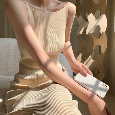 Midi ujjatlan ruha Női nyári divat Elegáns Mujer Alkalmi szexi Vestidos Teljesen passzoló utcai ruházati design Kötött új elegáns buli