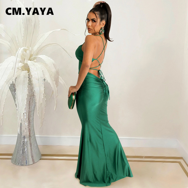 CM.YAYA női kötőfék nyakú, hát nélküli szatén sellő test Midi maxi ruha szexi éjszakai parti hosszú ruhák 2022 nyári tavasz
