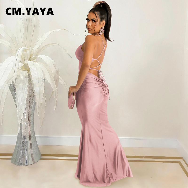 CM.YAYA női kötőfék nyakú, hát nélküli szatén sellő test Midi maxi ruha szexi éjszakai parti hosszú ruhák 2022 nyári tavasz