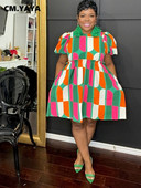 CM.YAYA Ženska puf haljina s kratkim rukavima i visokim strukom s printom, velika zaokretna haljina do koljena 2023. Chic Vestidos Seksi klupske haljine za zabave