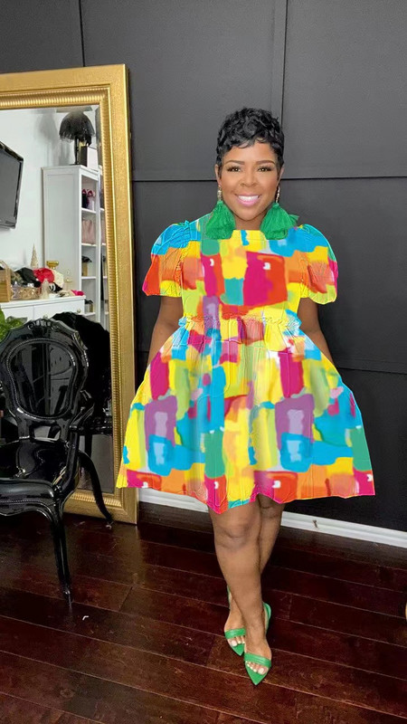 CM.YAYA Ženska puf haljina s kratkim rukavima i visokim strukom s printom, velika zaokretna haljina do koljena 2023. Chic Vestidos Seksi klupske haljine za zabave