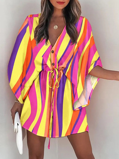 Vaba Boheemlaslik vaba rannapuhkuse kleit suvemoe jaoks V kaelus Batwing varrukatega print Boho pitsitud vöökoht minikleidid naine