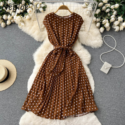 Neploe Summer Gentle Style French Retro Polka Dot Dress Sleeve Up Slim Waist Thin Vestido Sweet Pleated Femme Robe