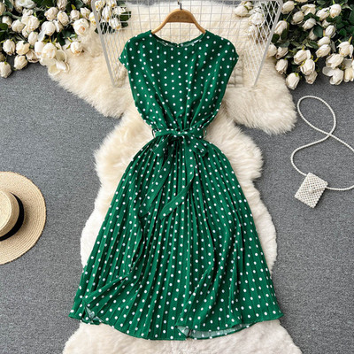 Neploe vasarinė švelnaus stiliaus prancūziška retro taškinė suknelė be rankovių suvarstoma plonu juosmeniu Plonas Vestido, mielas klostuotas moteriškas chalatas