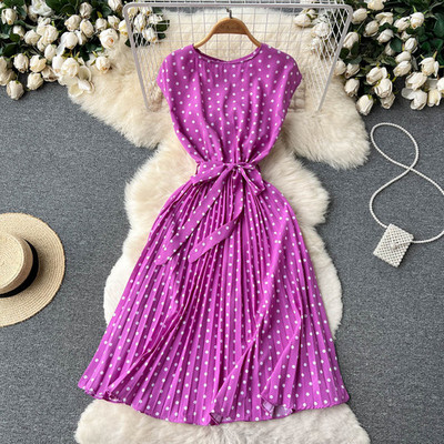 Neploe vasarinė švelnaus stiliaus prancūziška retro taškinė suknelė be rankovių suvarstoma plonu juosmeniu Plonas Vestido, mielas klostuotas moteriškas chalatas