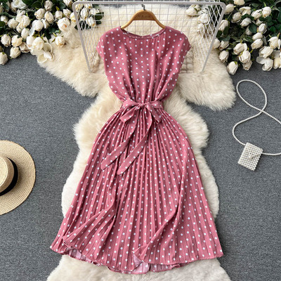 Neploe vasarinė švelnaus stiliaus prancūziška retro taškinė suknelė be rankovių suvarstoma plonu juosmeniu Plonas Vestido, mielas klostuotas moteriškas chalatas