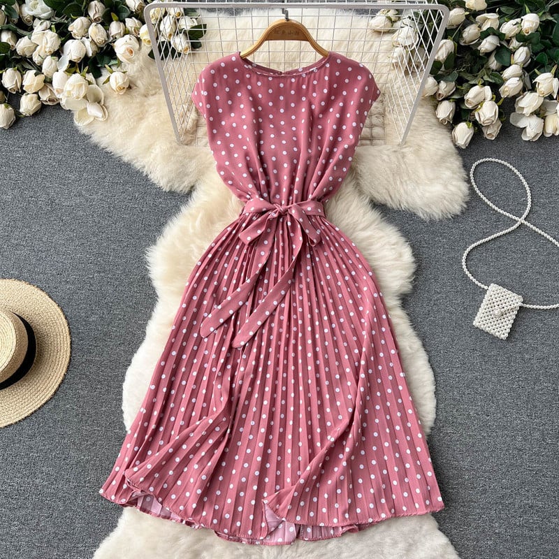 Neploe ljetna francuska retro točkasta haljina bez rukava na vezanje tankog struka, tanki vestido slatki plisirani ženski ogrtač