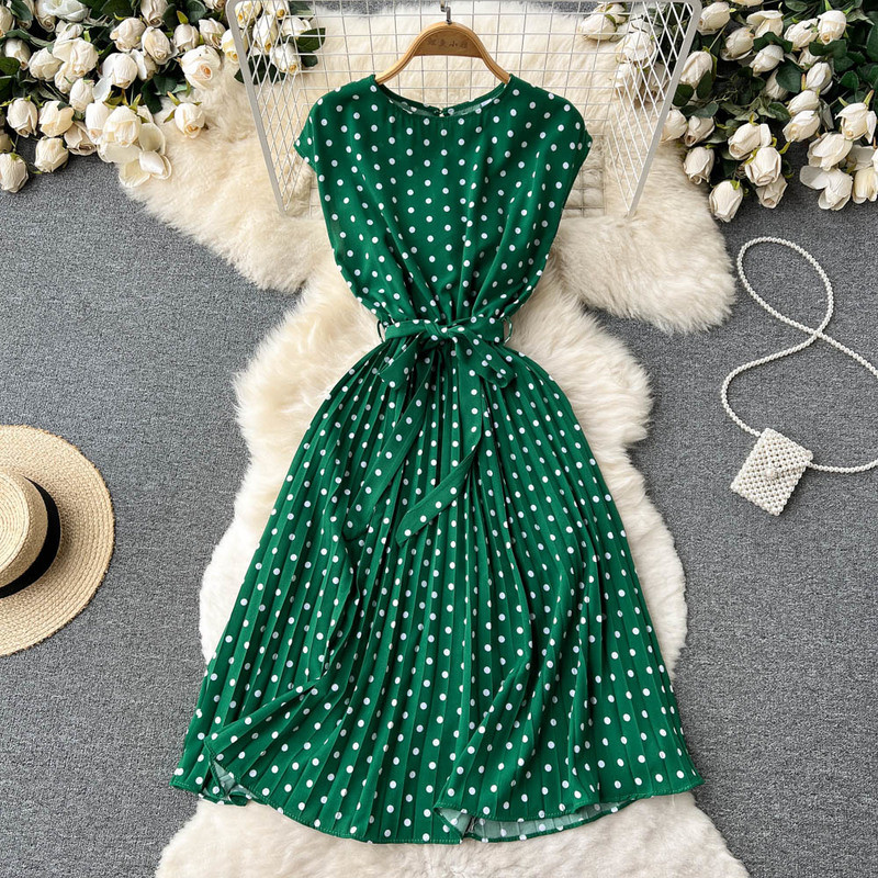 Neploe ljetna francuska retro točkasta haljina bez rukava na vezanje tankog struka, tanki vestido slatki plisirani ženski ogrtač