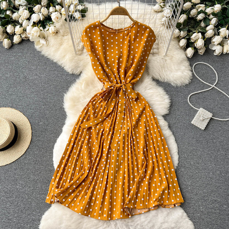 Neploe ljetna francuska retro točkasta haljina bez rukava na vezanje tankog struka, tanki vestido slatki plisirani ženski ogrtač