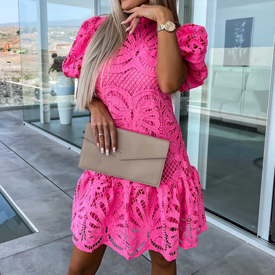 2023-as divatos csipke vájt mini ruha Szexi buborékos, rövid ujjú, A-vonalú női ruha Elegáns egyszínű ingázó ruha Vestidos