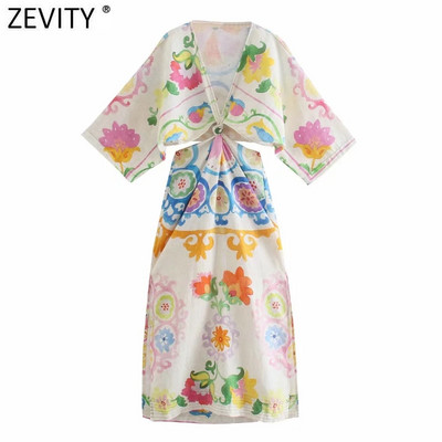 Zevity Naujos Moterys Sexy V kaklo gėlėtomis spausdintomis spausdintomis šoninėmis lininėmis kimono midi suknelėmis, moteriška, prašmatni juosmuo, iškirpta mazgas Vestido DS8761