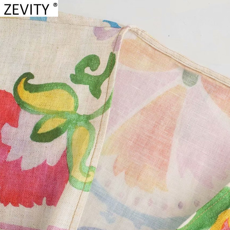 Zevity új női szexi V nyakú virágos nyomtatott oldal hasított vászon kimonó midi ruha, női elegáns derék kivágású csomózott Vestido DS8761