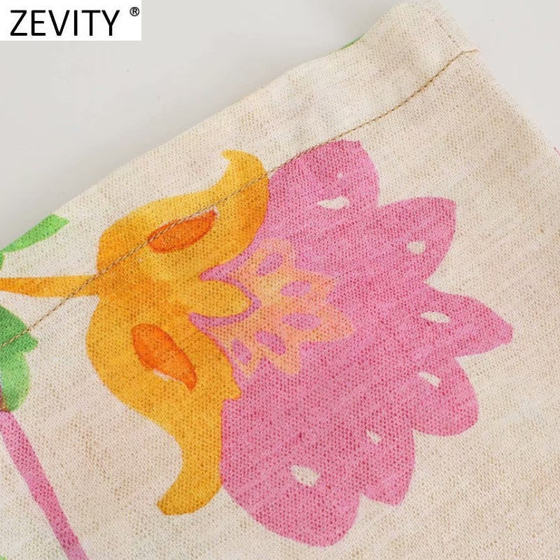 Zevity új női szexi V nyakú virágos nyomtatott oldal hasított vászon kimonó midi ruha, női elegáns derék kivágású csomózott Vestido DS8761