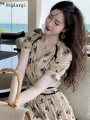 Rochie din șifon cu mâneci bufante, imprimeu pentru femei, rochii de damă, vintage, midi, elegantă, temperament francez, decolteu în V, plisată, rochie de vacanță pentru femei