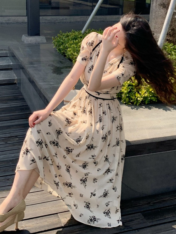 Rochie din șifon cu mâneci bufante, imprimeu pentru femei, rochii de damă, vintage, midi, elegantă, temperament francez, decolteu în V, plisată, rochie de vacanță pentru femei