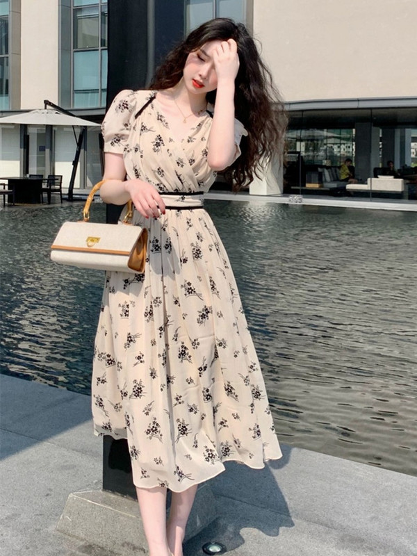 Rochie din șifon cu mâneci bufante, imprimeu pentru femei, rochii de damă, vintage, midi, elegantă, temperament francez, decolteu în V, plisată, rochie de vacanță pentru femei