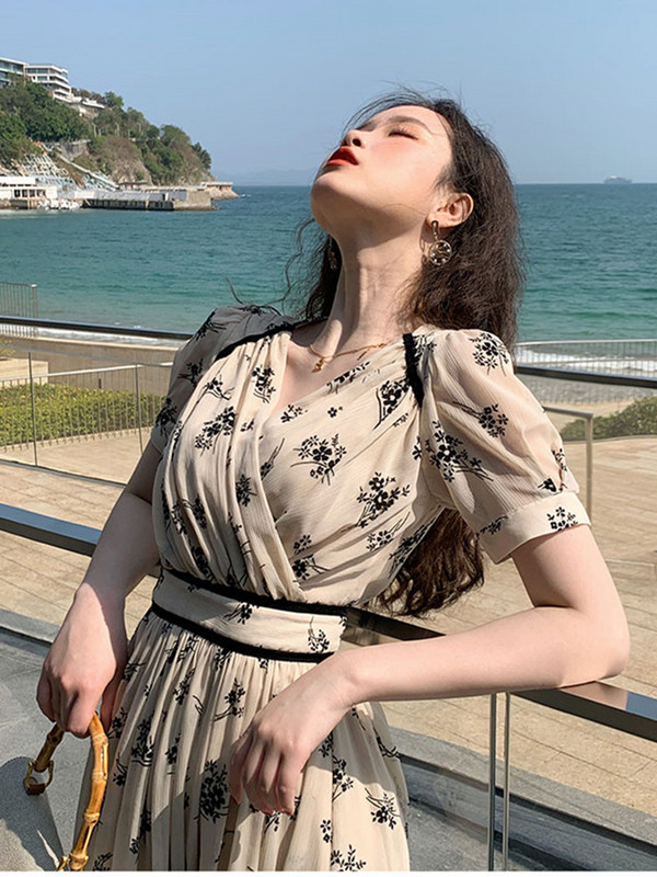 Rochie din șifon cu mâneci bufante, imprimeu pentru femei, rochii de damă, vintage, midi, elegantă, temperament francez, decolteu în V, plisată, rochie de vacanță pentru femei