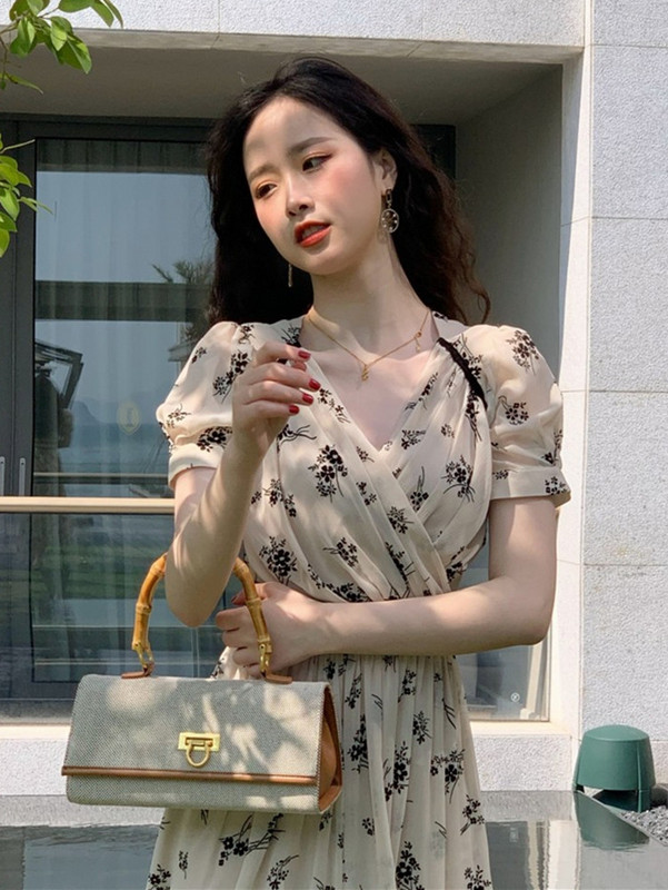 Rochie din șifon cu mâneci bufante, imprimeu pentru femei, rochii de damă, vintage, midi, elegantă, temperament francez, decolteu în V, plisată, rochie de vacanță pentru femei