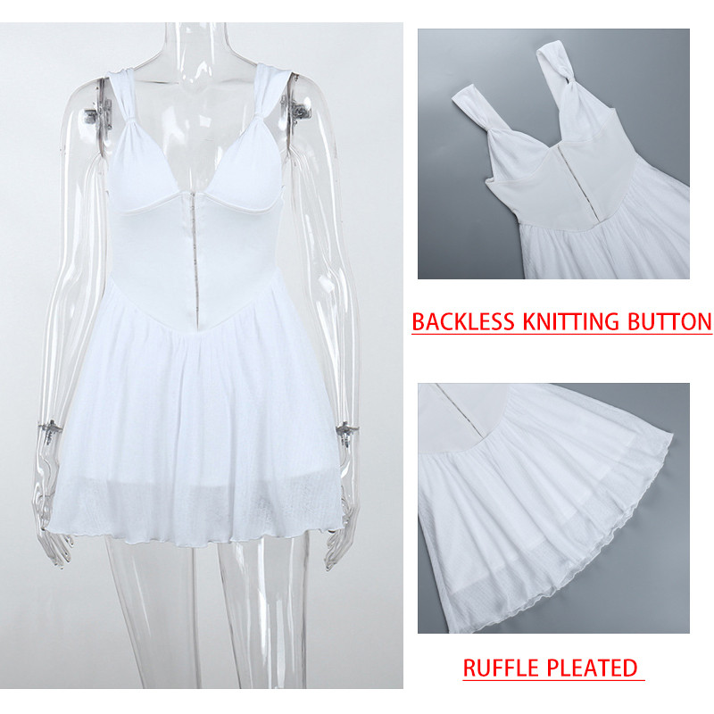 Avrilyaan fehér V nyakú, hát nélküli szexi ruha női 2323 kötés fodros redőzött mini nyári ruha Elegáns alkalmi ruhák Vestidos