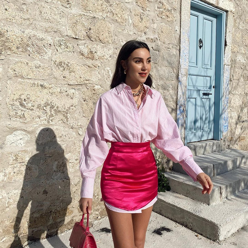 KONDALA Za Chic rózsaszín szexi mini szoknyák női selyem egyenes magas derekú utcai ruházat szoknyák divat 2021 Fladas Mujer