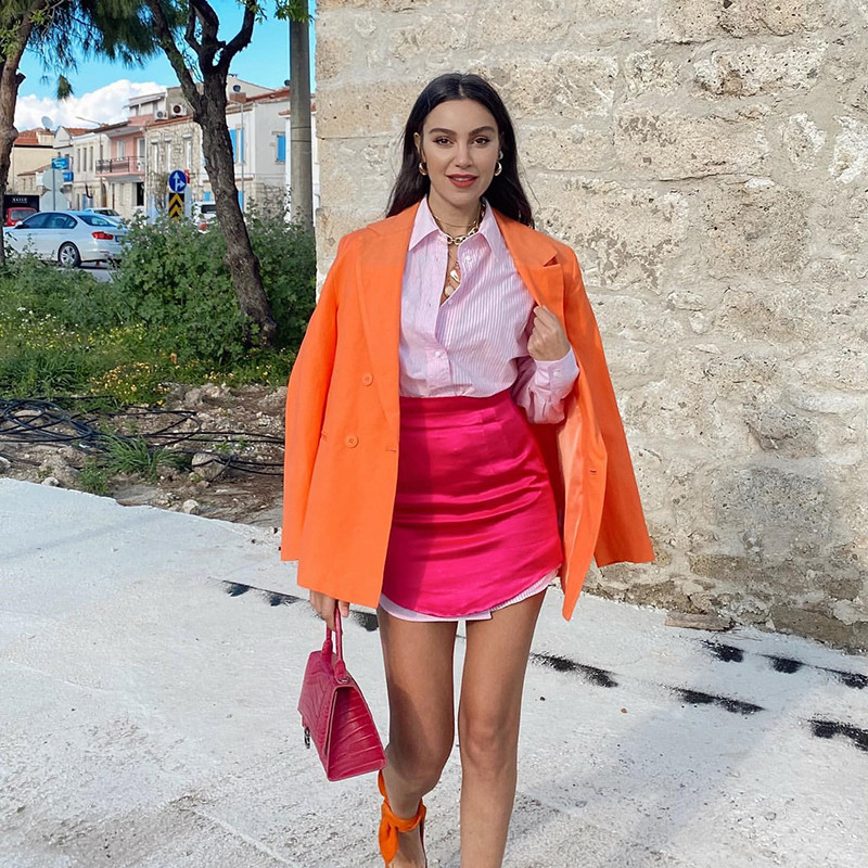 KONDALA Za Chic rózsaszín szexi mini szoknyák női selyem egyenes magas derekú utcai ruházat szoknyák divat 2021 Fladas Mujer