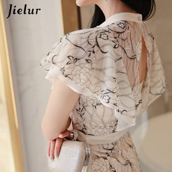 Jielur Vintage Woman Dress Секси дантелена модна модна шикозна сатенена корейска рокля с флорални щампи Ежедневна модна лятна елегантна рокля