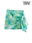 TRAF Női Divat Csokorkötős Nyomtatott Könnyű Miniszoknya Vintage Magas derekú oldalsó cipzáras Női szoknyák Mujer