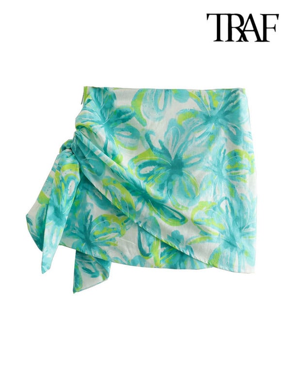 TRAF Női Divat Csokorkötős Nyomtatott Könnyű Miniszoknya Vintage Magas derekú oldalsó cipzáras Női szoknyák Mujer