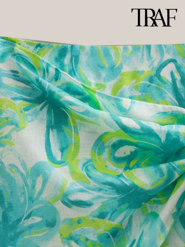 TRAF Női Divat Csokorkötős Nyomtatott Könnyű Miniszoknya Vintage Magas derekú oldalsó cipzáras Női szoknyák Mujer