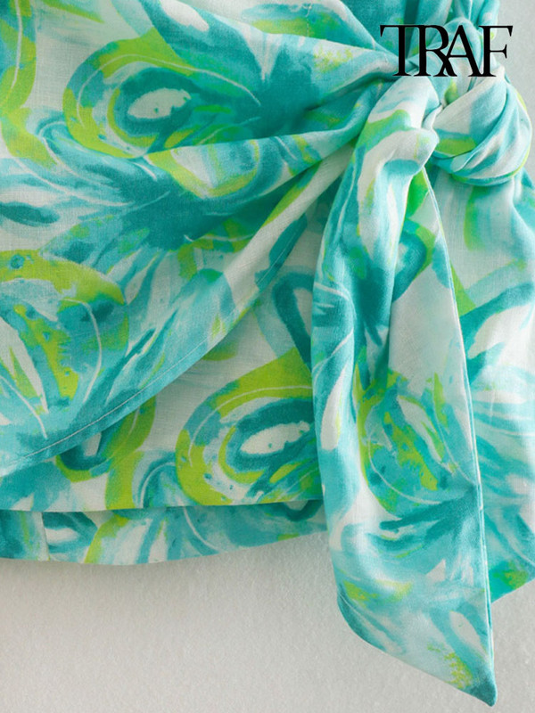 TRAF Női Divat Csokorkötős Nyomtatott Könnyű Miniszoknya Vintage Magas derekú oldalsó cipzáras Női szoknyák Mujer